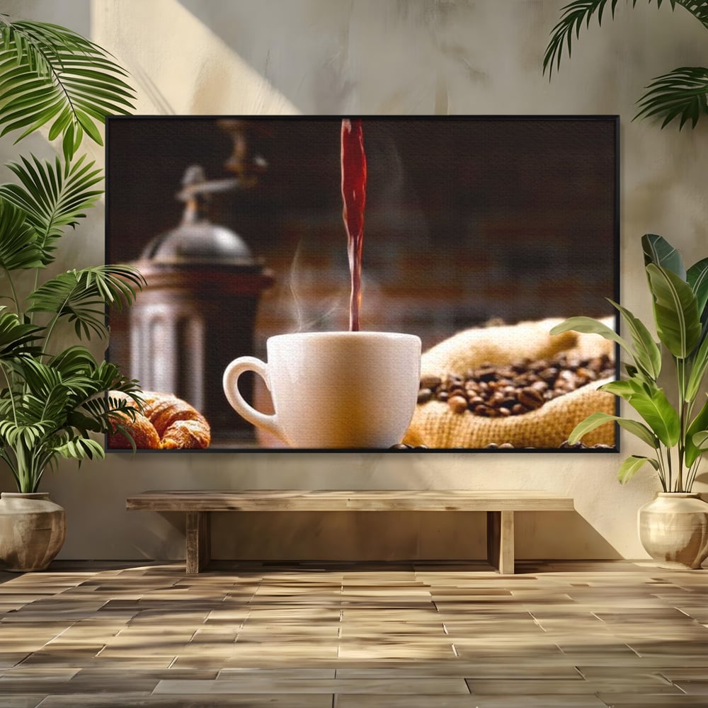 Tablou canvas cu tablou canvas cu ceasca de cafea si boabe, in rama de aluminiu negru